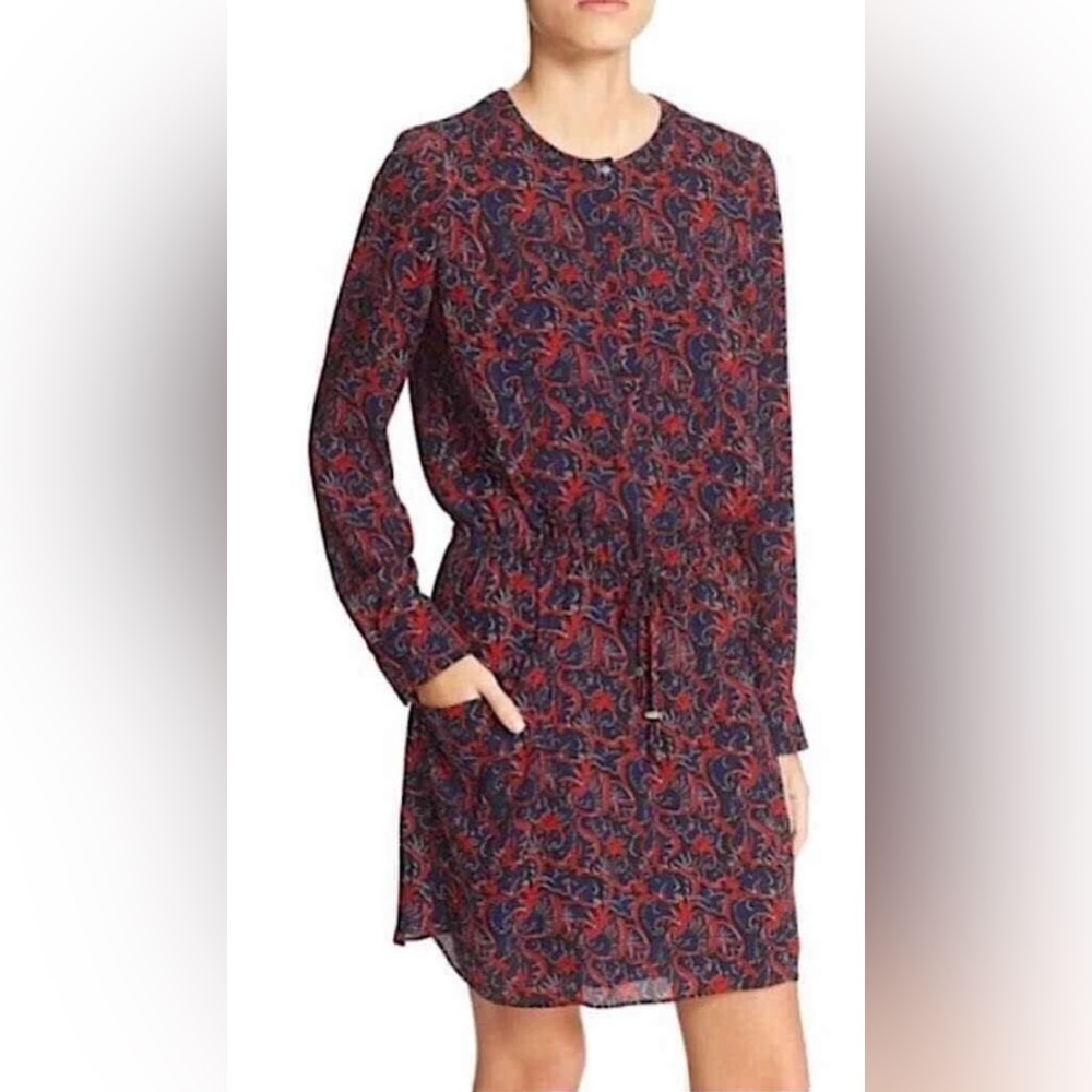 A.L.C. Sullivan Botanical Drawstring Waist Silk Shirt Dress Red Blue*